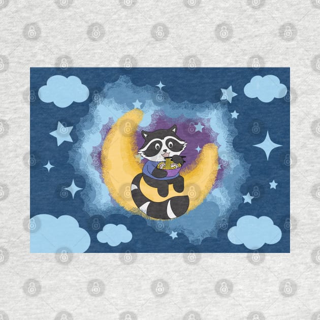 Raccoon eating noodle on the Moon illustration by LaartStudio